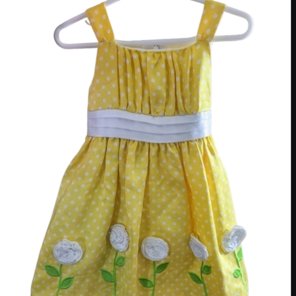 Girls Size 2T Princess Polka Dot Dress Yellow White Flowers Bow Lined Lightweigh - Picture 2 of 12